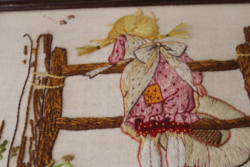 photo of framed crewel embroidery picture on linen, girl w/ braids & pinafore, Holly Hobbie vintage #3