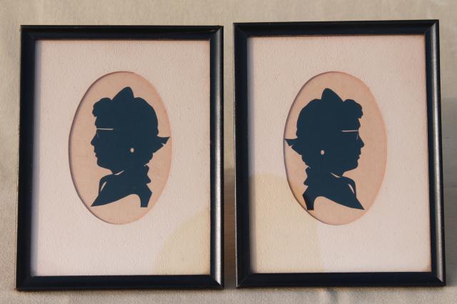 photo of framed pair vintage papercuts silhouettes, 1930s or 40s girl in glasses #1