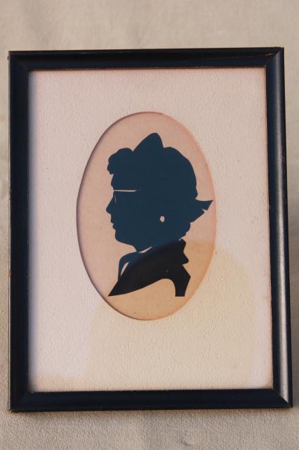 photo of framed pair vintage papercuts silhouettes, 1930s or 40s girl in glasses #3