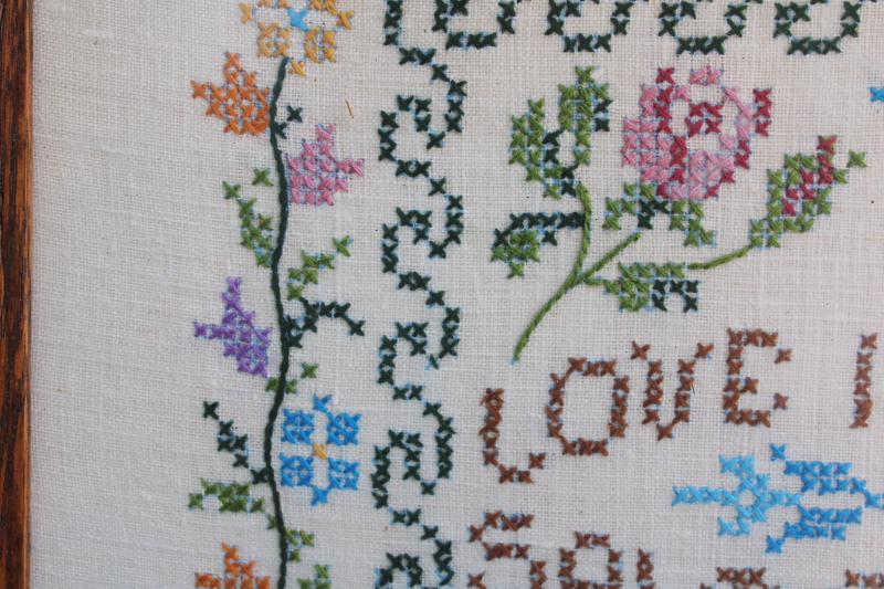 photo of framed vintage cross stitch sampler embroidered on linen Love is the Salt of Life motto #3