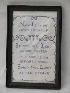 catalog photo of framed vintage cross-stitch embroidered sampler, Child's Prayer