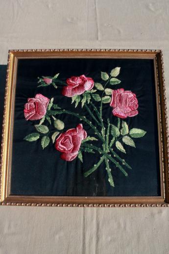 photo of framed vintage embroidery, silk satin stitch embroidered roses on black #1