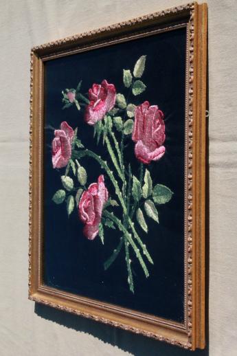 photo of framed vintage embroidery, silk satin stitch embroidered roses on black #2