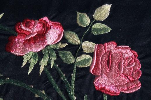 photo of framed vintage embroidery, silk satin stitch embroidered roses on black #3