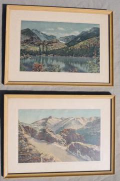 catalog photo of framed vintage linen prints of the Rockies, colored photo landscapes Rocky Mountains