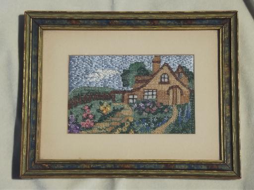 photo of framed vintage needlework picture, cottage scene embroidery in silk thread? #1