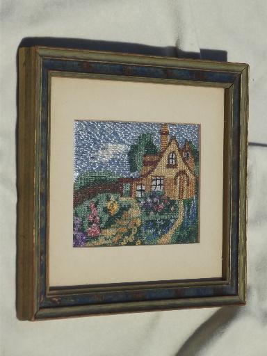 photo of framed vintage needlework picture, cottage scene embroidery in silk thread? #2