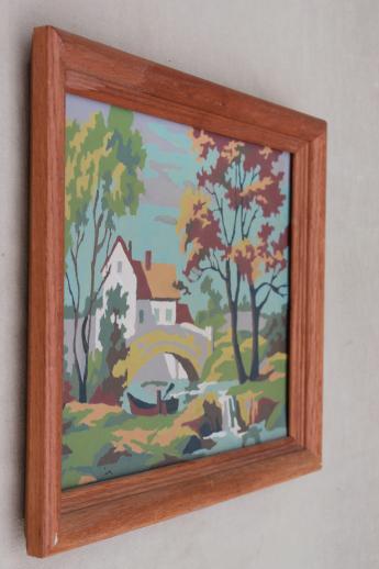 photo of framed vintage paint by number picture, old mill pond scene with rowboat #3