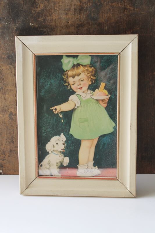 photo of framed vintage print Charlotte Becker style illustration, baby girl feeding little shaggy white puppy dog  #1