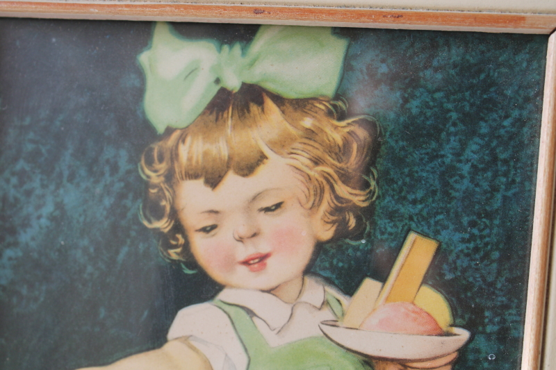 photo of framed vintage print Charlotte Becker style illustration, baby girl feeding little shaggy white puppy dog  #2