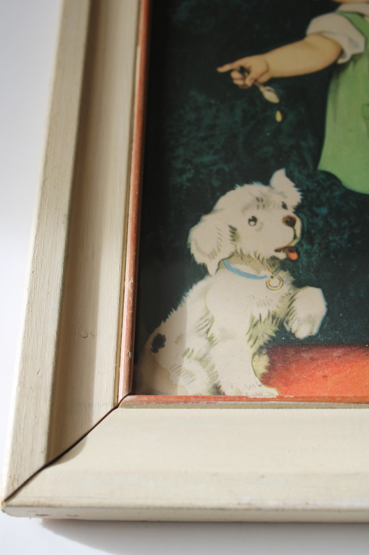 photo of framed vintage print Charlotte Becker style illustration, baby girl feeding little shaggy white puppy dog  #3