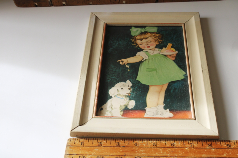 photo of framed vintage print Charlotte Becker style illustration, baby girl feeding little shaggy white puppy dog  #4