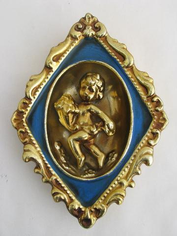 photo of french blue & gold china cherubs wall plaques, vintage hollywood regency #2