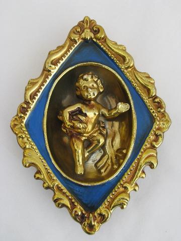 photo of french blue & gold china cherubs wall plaques, vintage hollywood regency #3