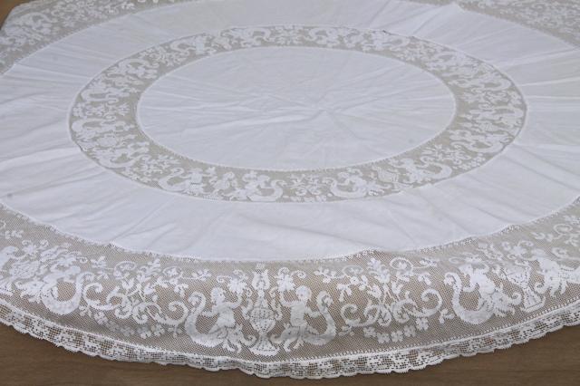 photo of french chic round table cover cloth, vintage tablecloth w/ wide lace edging cherub angels #1