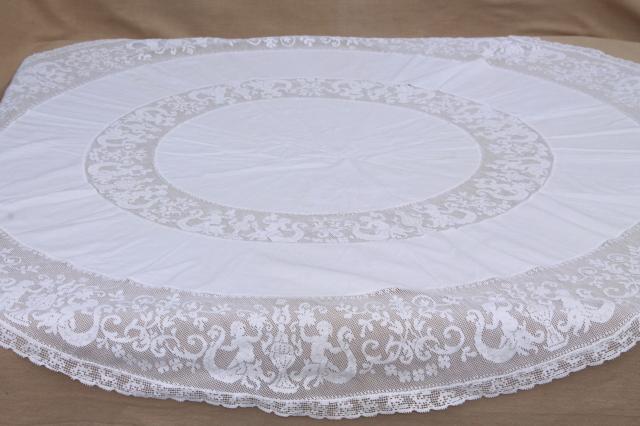 photo of french chic round table cover cloth, vintage tablecloth w/ wide lace edging cherub angels #3