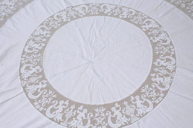 photo of french chic round table cover cloth, vintage tablecloth w/ wide lace edging cherub angels #4