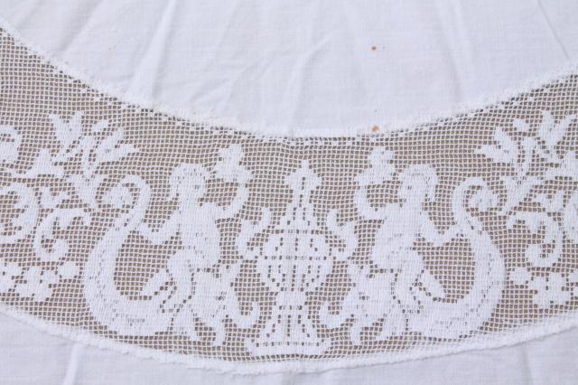 photo of french chic round table cover cloth, vintage tablecloth w/ wide lace edging cherub angels #5