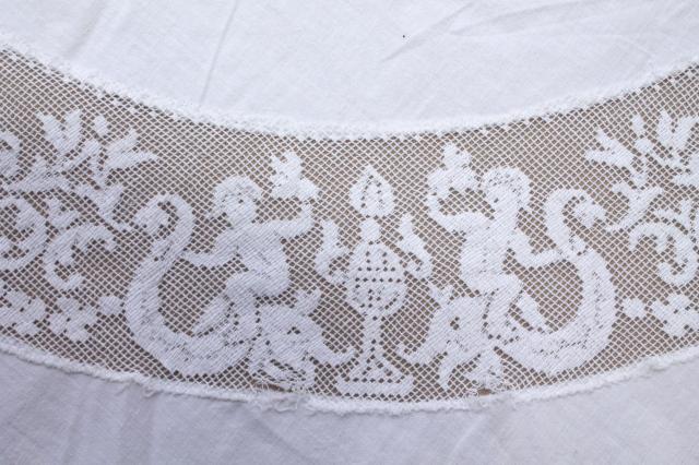 photo of french chic round table cover cloth, vintage tablecloth w/ wide lace edging cherub angels #6