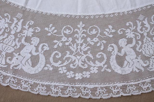 photo of french chic round table cover cloth, vintage tablecloth w/ wide lace edging cherub angels #8