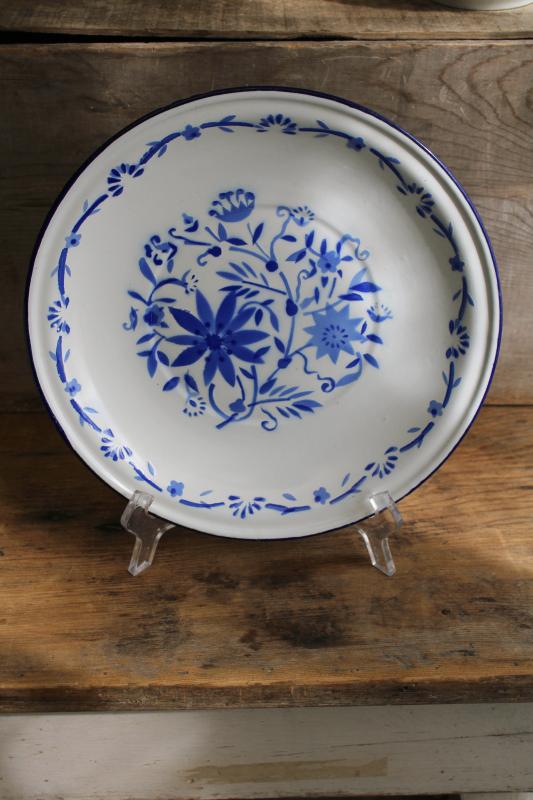 photo of french country farmhouse style vintage enamelware plate w/ blue & white flowers #1
