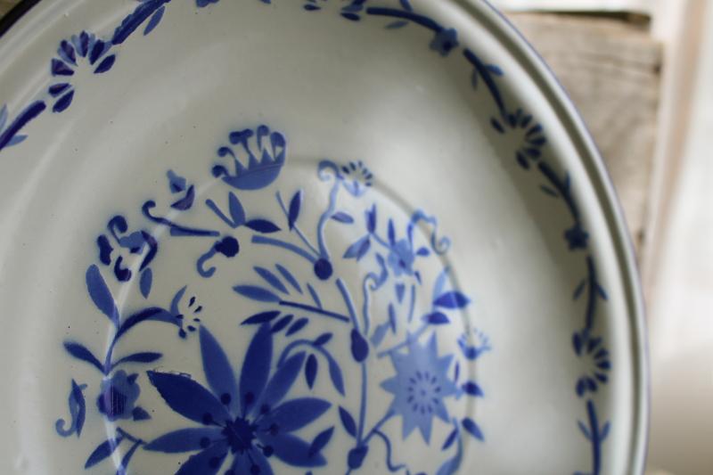 photo of french country farmhouse style vintage enamelware plate w/ blue & white flowers #2