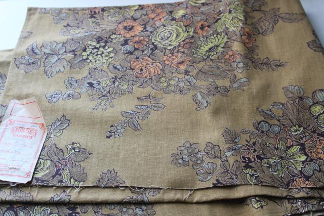 photo of french country floral bronze / dark mustard gold, vintage cotton fabric sample w/ old Seneca label #1