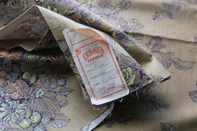 photo of french country floral bronze / dark mustard gold, vintage cotton fabric sample w/ old Seneca label #3