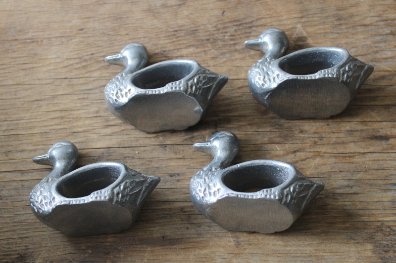 photo of french country kitchen style vintage napkin rings set, pewter aluminum ducks or geese  #2