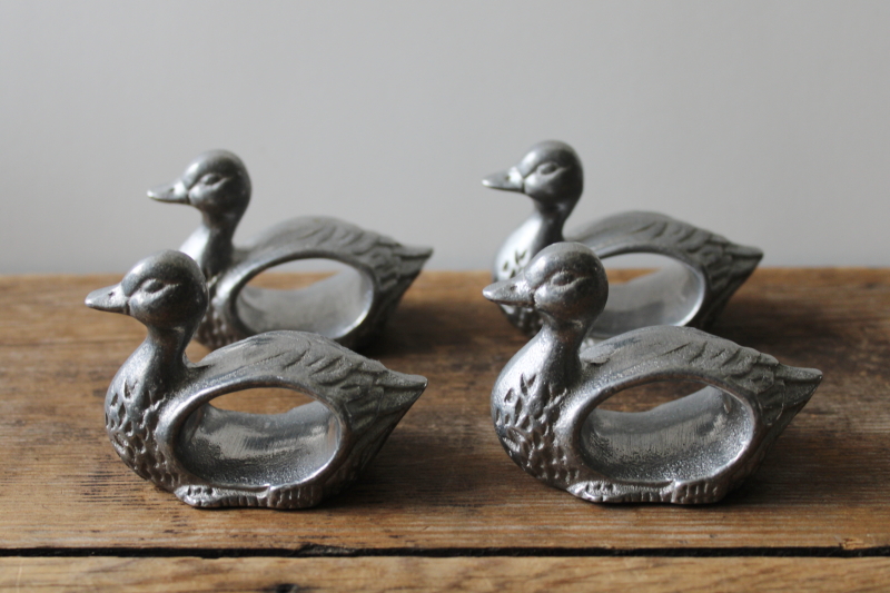 photo of french country kitchen style vintage napkin rings set, pewter aluminum ducks or geese  #3