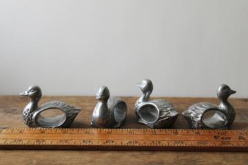 catalog photo of french country kitchen style vintage napkin rings set, pewter aluminum ducks or geese 