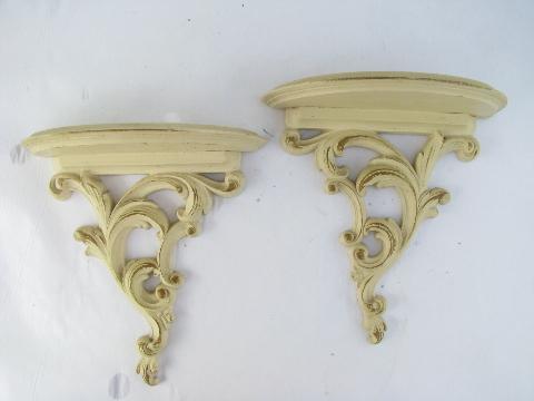 photo of french country ornate white w/ antique gold, pair vintage wall bracket shelves #1