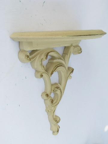 photo of french country ornate white w/ antique gold, pair vintage wall bracket shelves #2