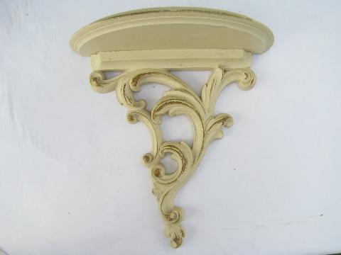 photo of french country ornate white w/ antique gold, pair vintage wall bracket shelves #3