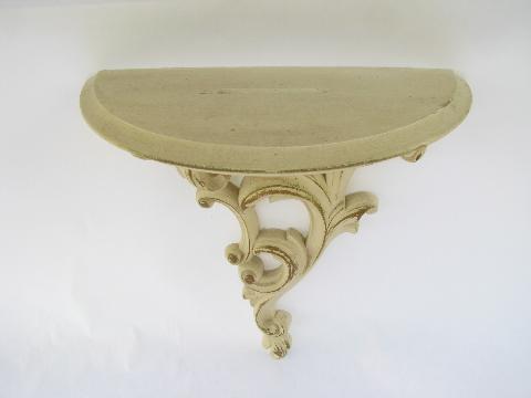 photo of french country ornate white w/ antique gold, pair vintage wall bracket shelves #4