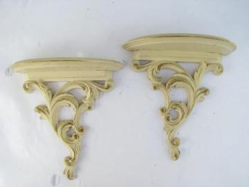 catalog photo of french country ornate white w/ antique gold, pair vintage wall bracket shelves