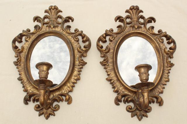 photo of french country style vintage gold rococo mirror frame candle sconces pair #3