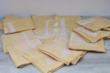 french country vintage cotton rayon damask napkins, mustard gold jacquard classical ruins garden