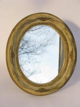 catalog photo of french country vintage vanity table mirror, antique gold & ivory frame, easel stand