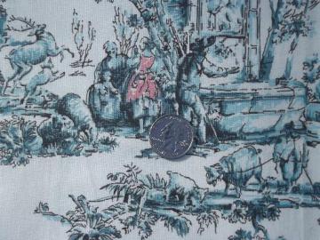 catalog photo of french toile print vintage decorator fabric, aqua blue and pink on white