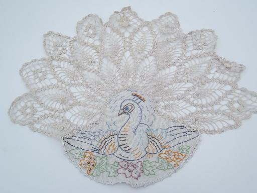 photo of frilly vintage embroidered crochet lace chair sets, colorful peacocks #2