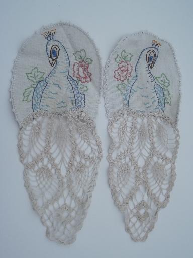 photo of frilly vintage embroidered crochet lace chair sets, colorful peacocks #3