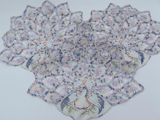 photo of frilly vintage embroidered crochet lace chair sets, colorful peacocks #4