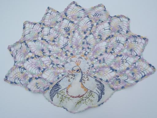 photo of frilly vintage embroidered crochet lace chair sets, colorful peacocks #5