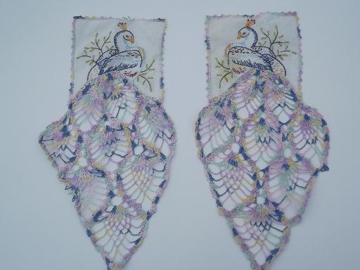 photo of frilly vintage embroidered crochet lace chair sets, colorful peacocks #6