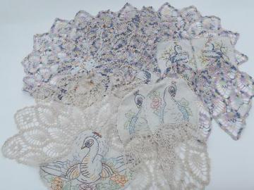 catalog photo of frilly vintage embroidered crochet lace chair sets, colorful peacocks