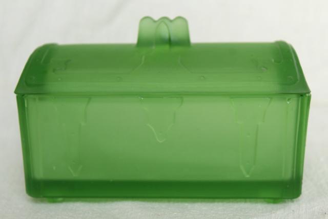 photo of frosted green depression glass treasure chest, vintage pressed glass trinket box #2