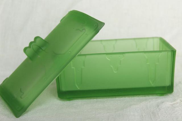 photo of frosted green depression glass treasure chest, vintage pressed glass trinket box #4