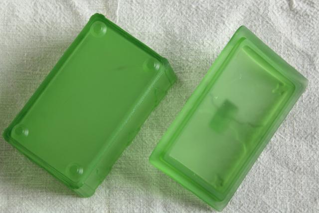 photo of frosted green depression glass treasure chest, vintage pressed glass trinket box #7