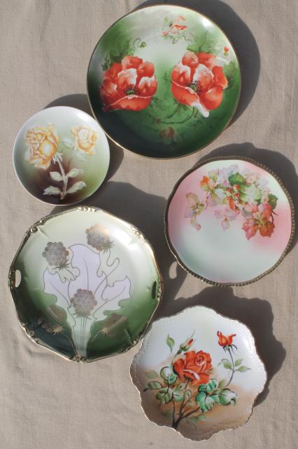 photo of fruit & floral hand painted china plates, mismatched antique vintage dishes #1